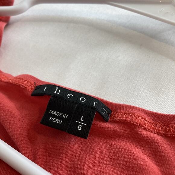 Theory Women's Coral Pink Ruched Cotton V Neck Top Size L Stretchy Draped Basics - Picture 5 of 11